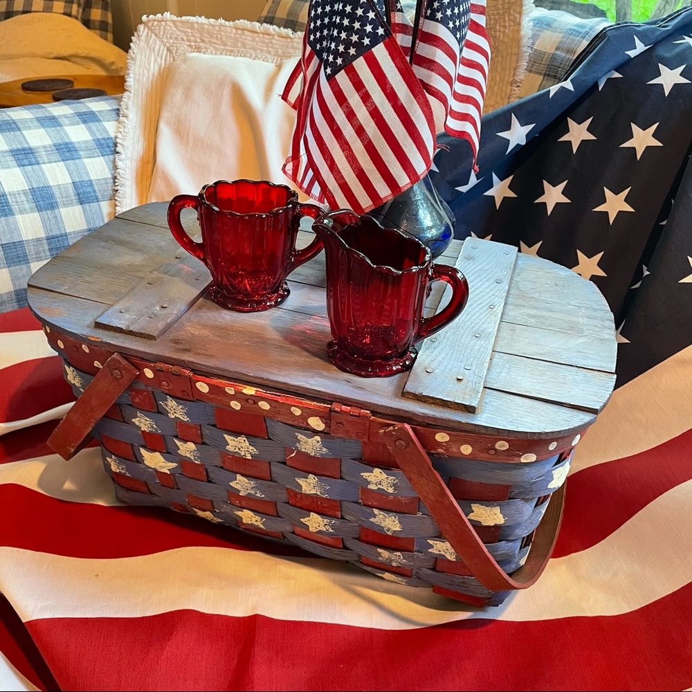 Vintage Wooden Picnic Basket Painted in Red White and Blue Stars July 4th